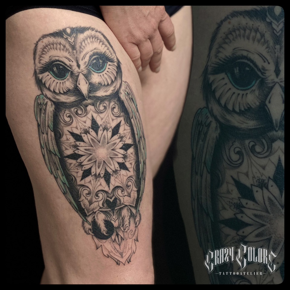 tl_files/cc/fotos/tattoo/2020 • Tattoo Oberschenkel • Eule mit Mandalkörper abgeheilt.JPG